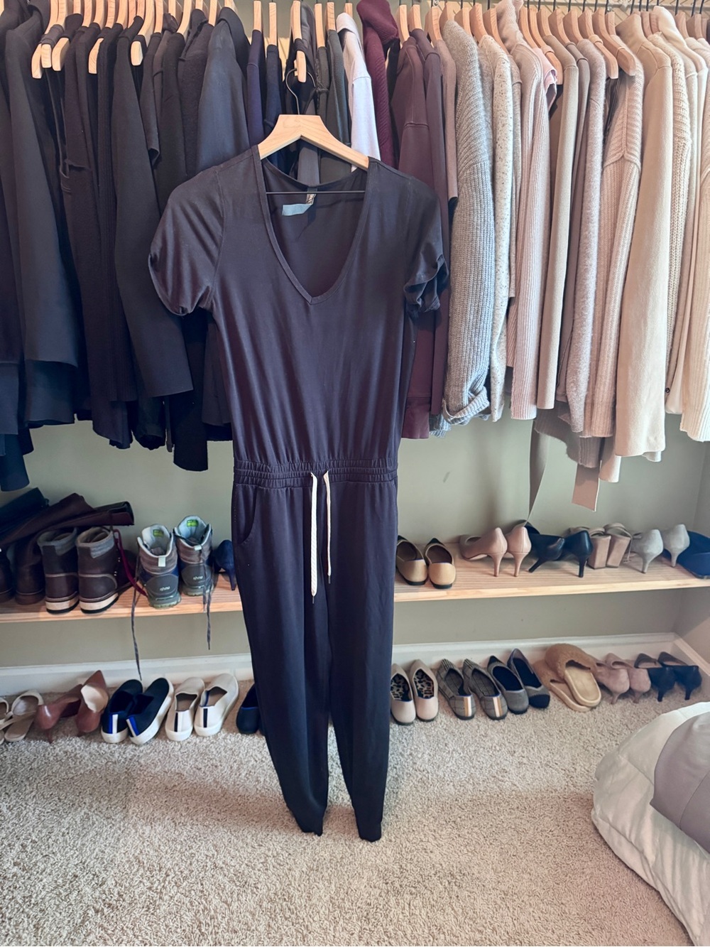 Vuori V-Neck Black Jumpsuit with Drawstring Waist